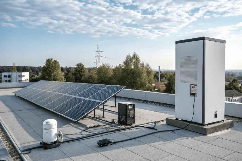 imagen generada por IA de una batería conectada a un sistema solar